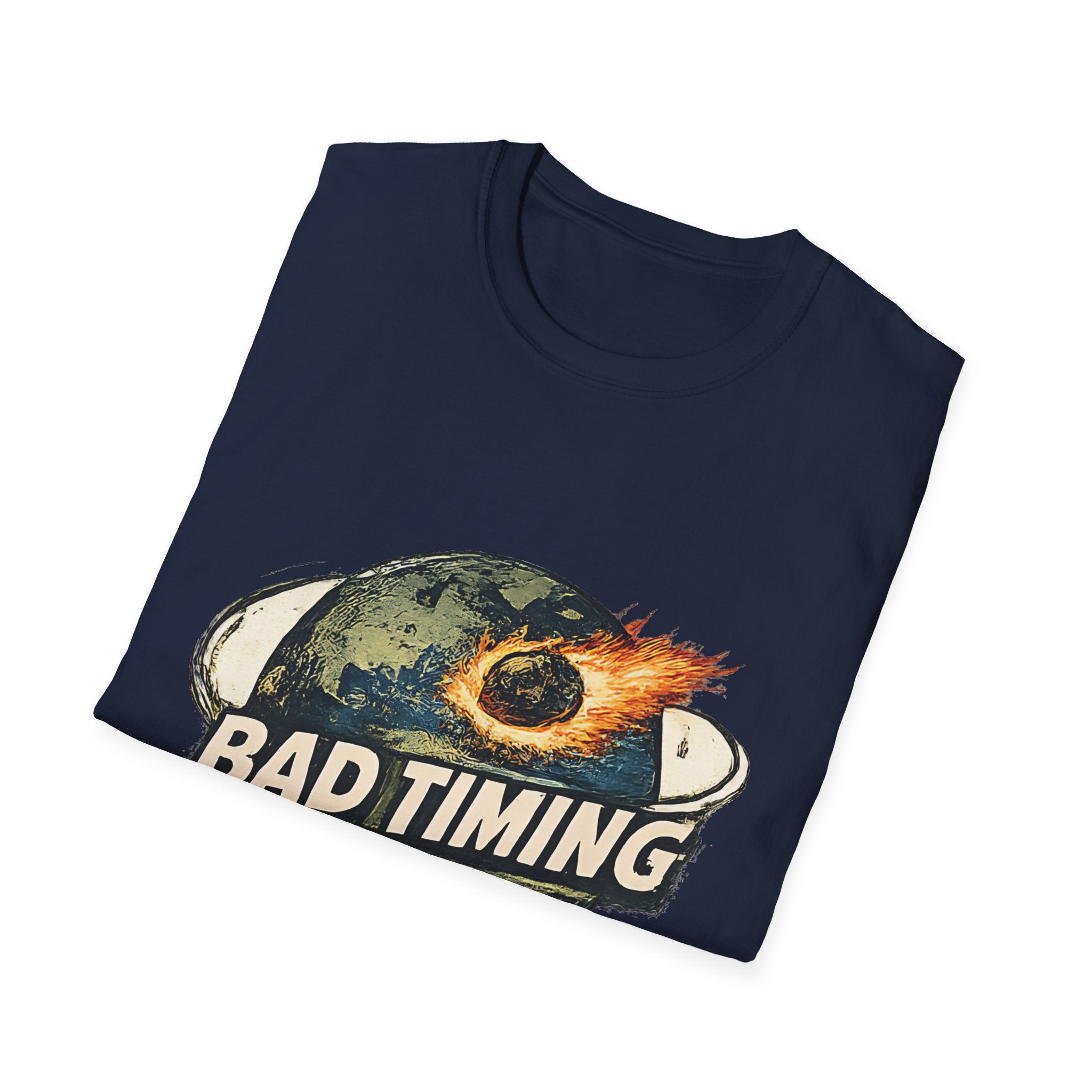 Bad Timing Graphic T-Shirt — Retro Meteor Earth Design - Creations by Chris and Carlos