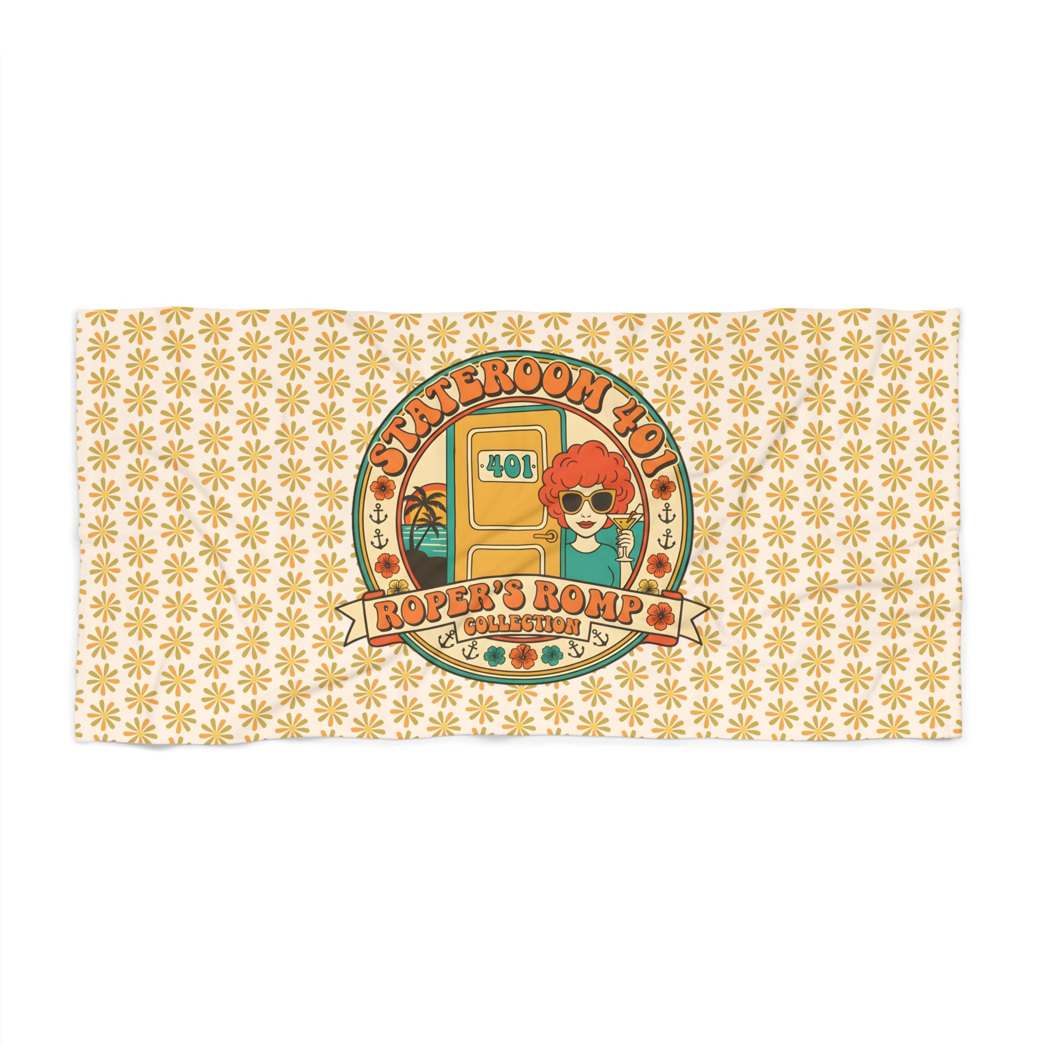Stateroom 401 Roper's Romp Collection-Retro Surf Beach Towel — Sunflower Pattern with 'Salted Room 101' Graphic - Creations by Chris and Carlos