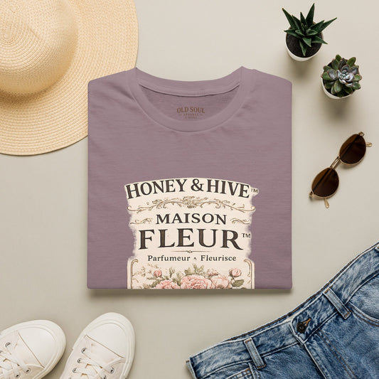 Maison Fleur Floral Graphic T‑Shirt — 'Honey & Hive' Vintage Perfume Label Tee - Creations by Chris and Carlos