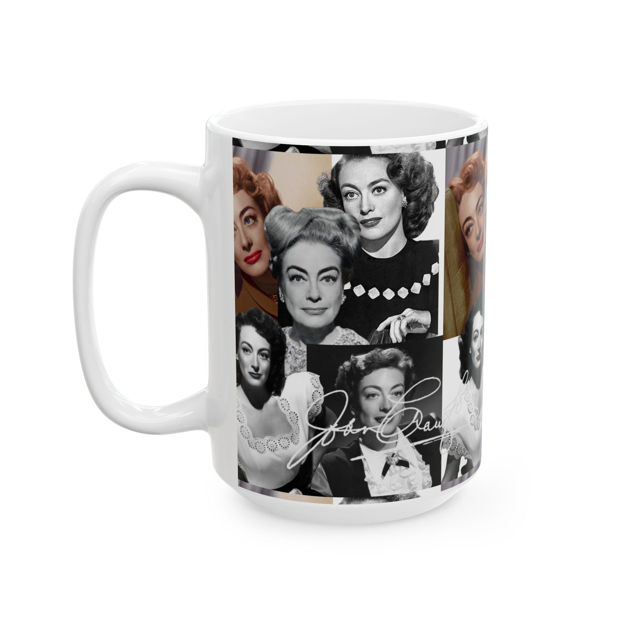 Retro Hollywood Actress Joan Crawford Collage Mug — Vintage Glamour Ceramic Coffee Cup (11oz/15oz) - Creations by Chris and Carlos