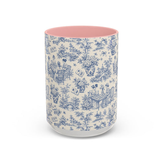Blue Toile Accent Coffee Mug — Vintage Tea Party Pattern, Pink Interior (11/15 oz) - Creations by Chris and Carlos