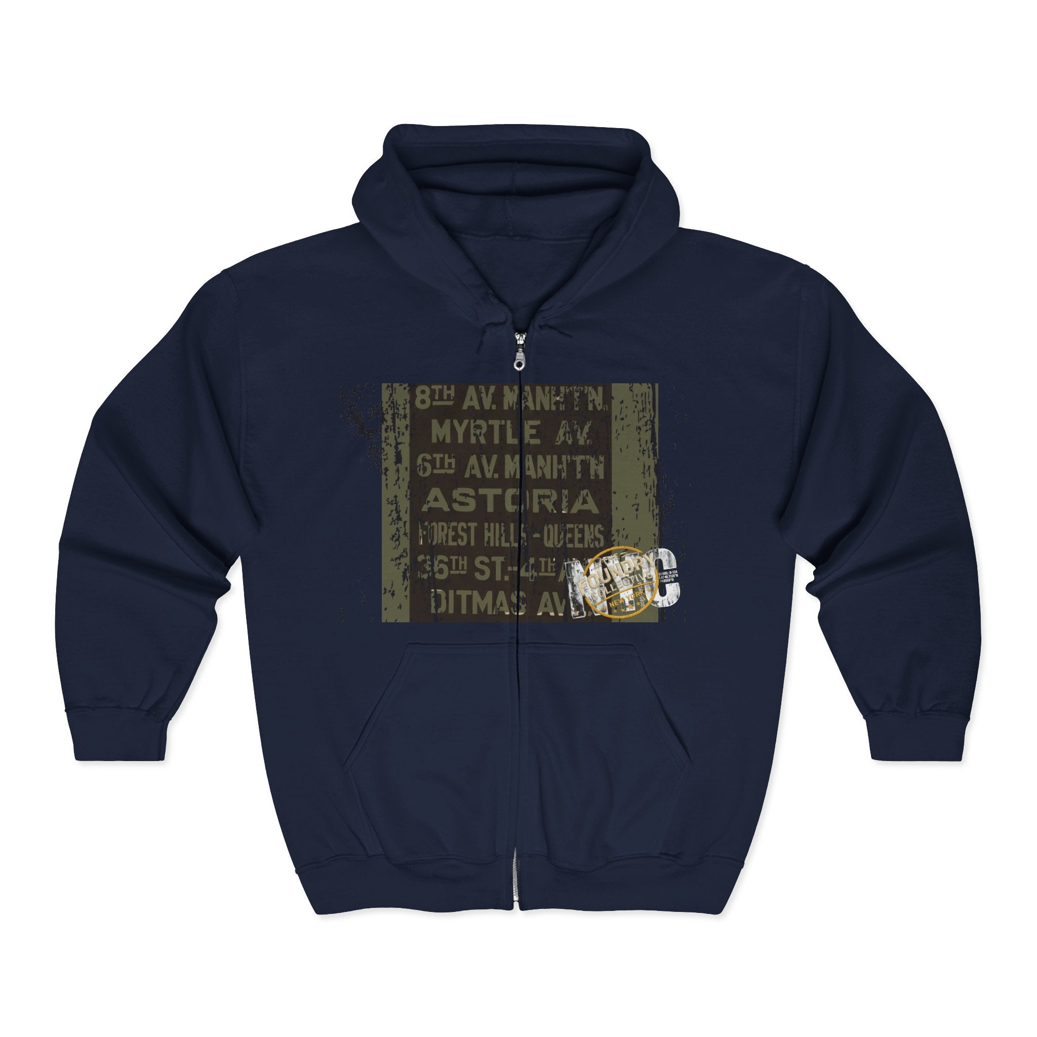 NYC Subway Vintage Sign Zip Hoodie — Astoria Bowery Canal Street Graphic - Creations by Chris and Carlos