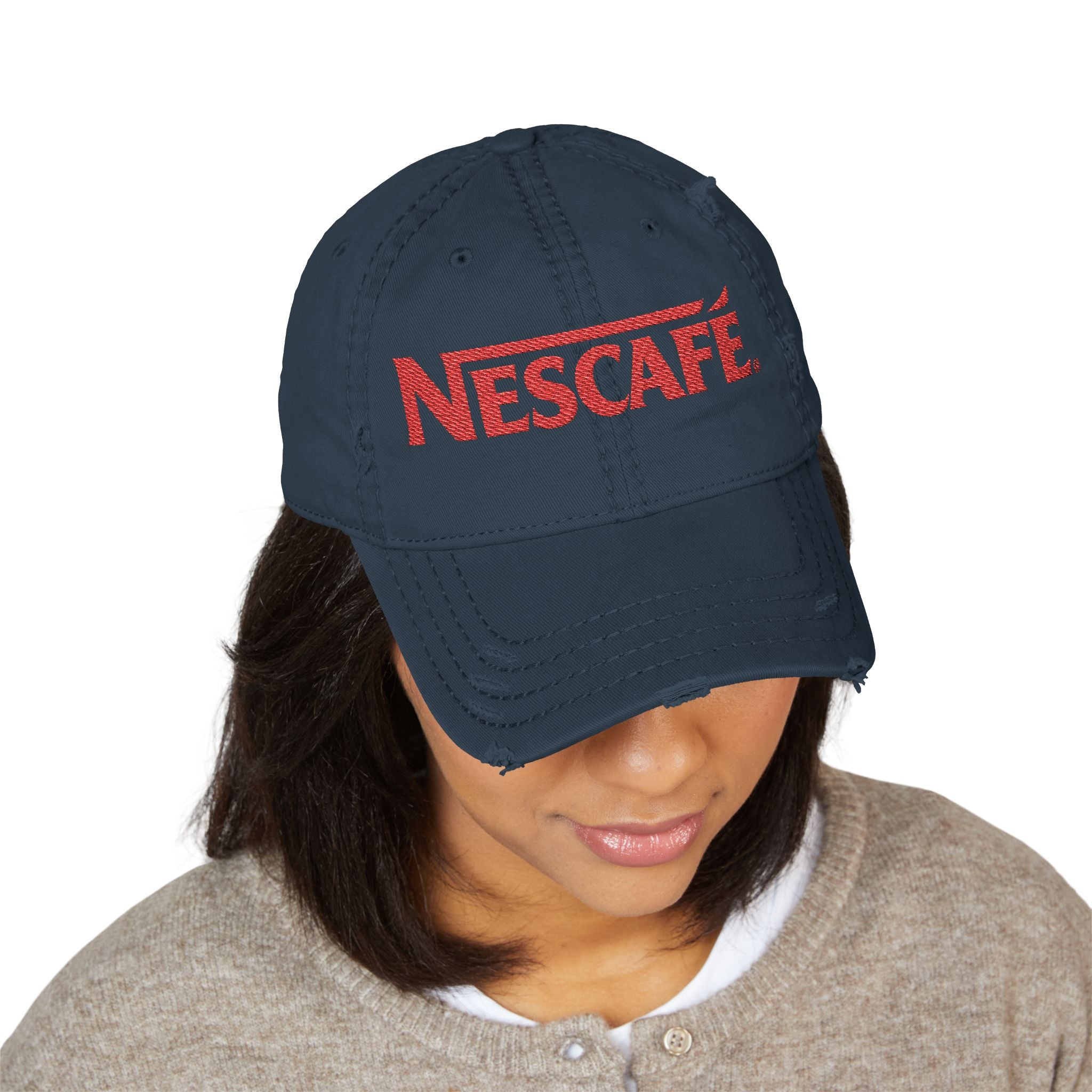 Nescafe Dad Hat — Distressed Embroidered Nescafé Logo - Creations by Chris and Carlos