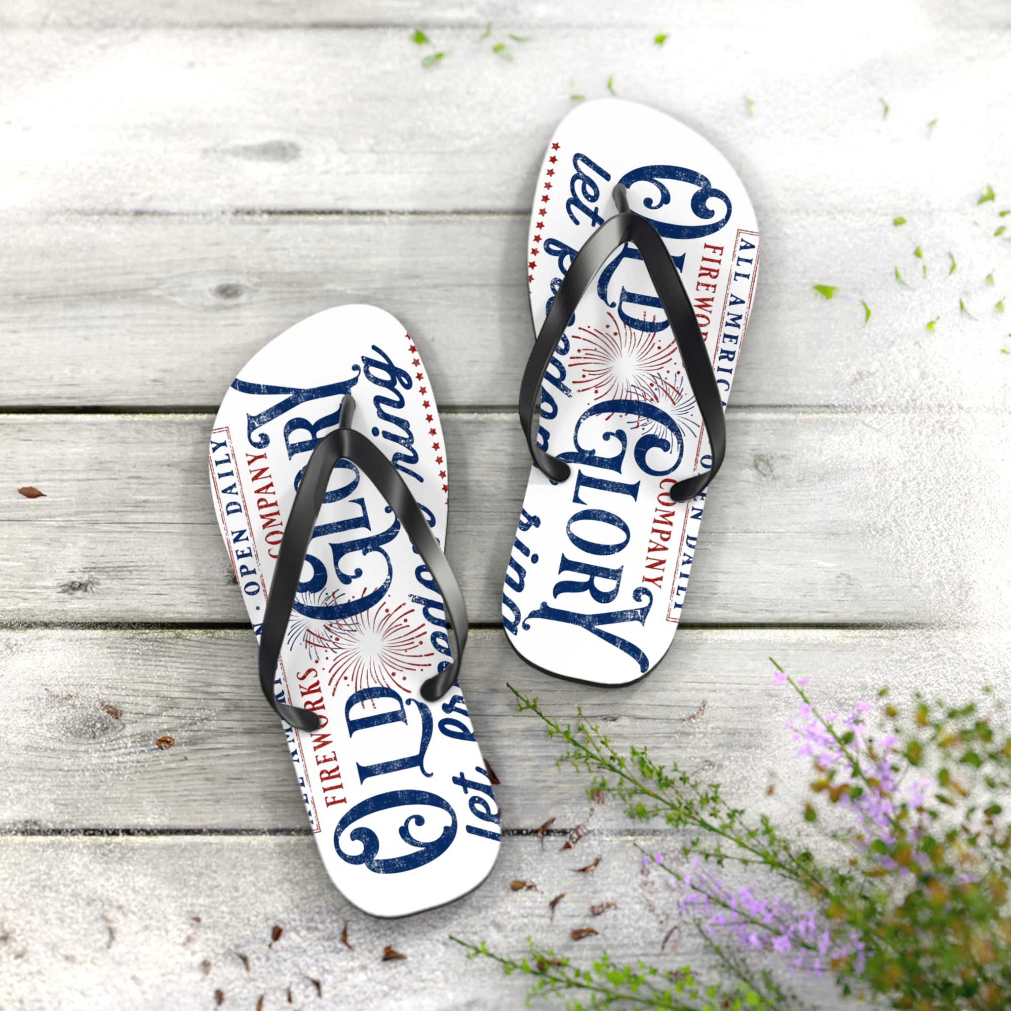 Patriotic 'Glory' Flip Flops – Red White & Blue Fireworks Beach Sandals - Creations by Chris and Carlos