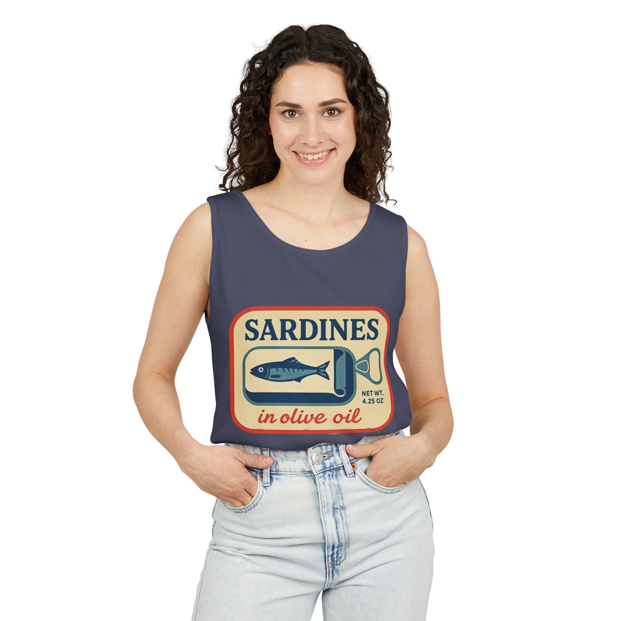 Sardines in Olive Oil Tank Top — Retro Seafood Can Graphic - Creations by Chris and Carlos