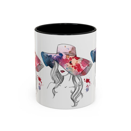 Watercolor Sun Hat Coffee Mug - Chic Fashion Illustration Accent Mug (11/15oz) - Creations by Chris and Carlos