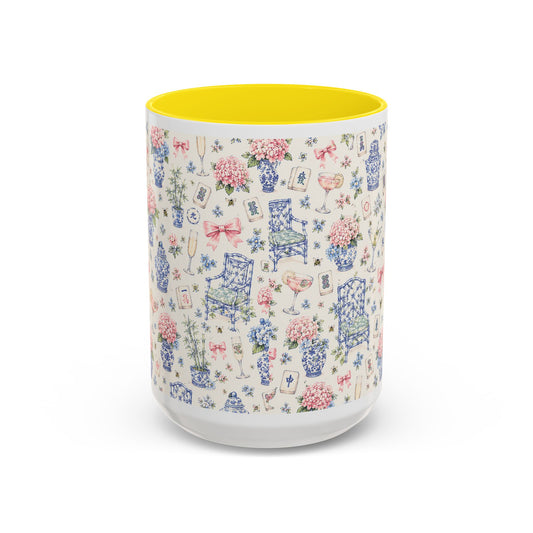 Floral Blue Chinoiserie Accent Coffee Mug — Pink Interior 11/15oz - Creations by Chris and Carlos