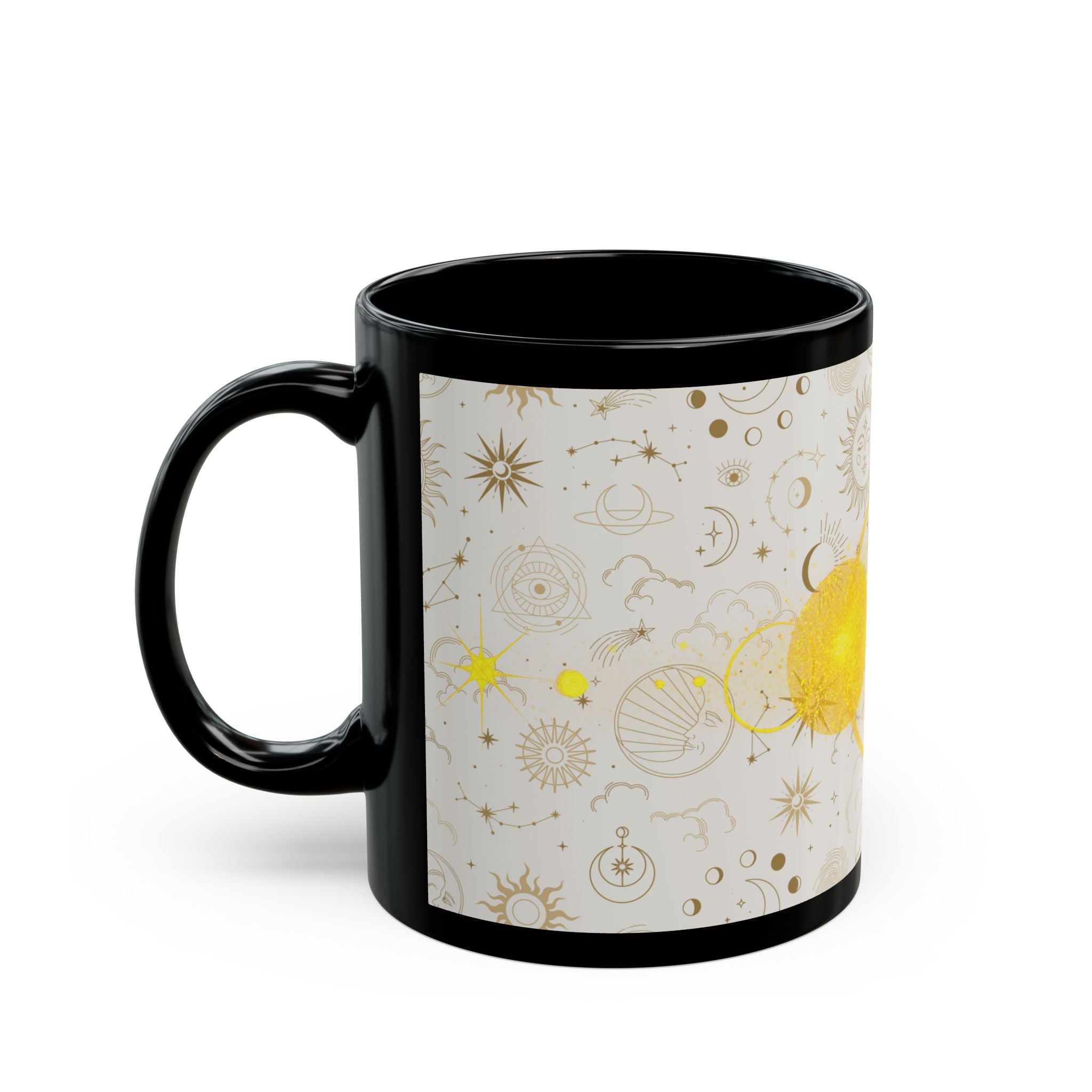 Celestial Sun & Moon Black Mug — Golden Astrology Pattern (11oz/15oz) - Creations by Chris and Carlos