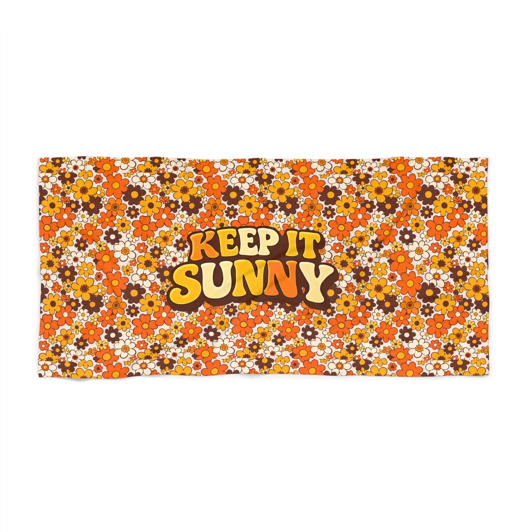 Keep It Sunny Floral Beach Towel — Retro 70s Orange Daisy Pattern - Creations by Chris and Carlos