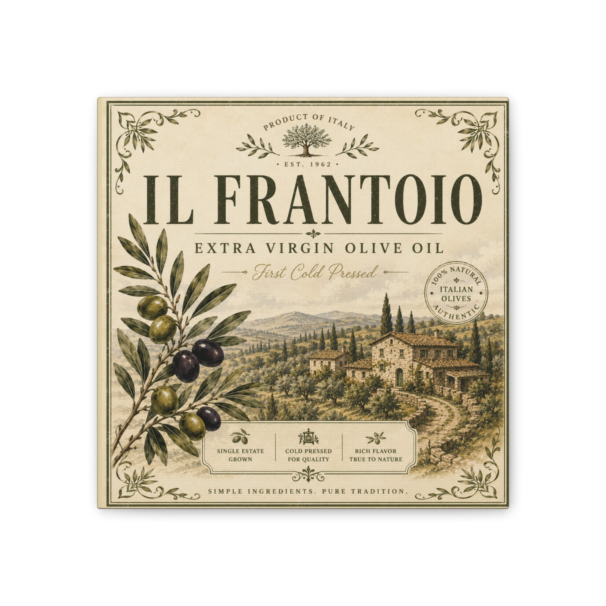 Il Frantoio Olive Oil Vintage Canvas Print — Italian Farmhouse Kitchen Wall Art - Creations by Chris and Carlos