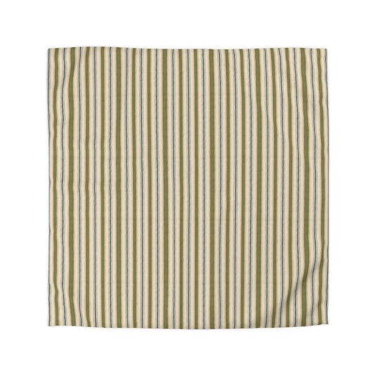 Striped Microfiber Duvet Cover — Soft Neutral Olive & Beige Vertical Stripe Bedding - Creations by Chris and Carlos
