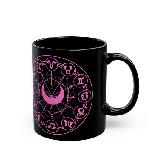 Zodiac Wheel Black Mug — Pink Astrology Symbols Coffee Cup (11oz/15oz) - Creations by Chris and Carlos
