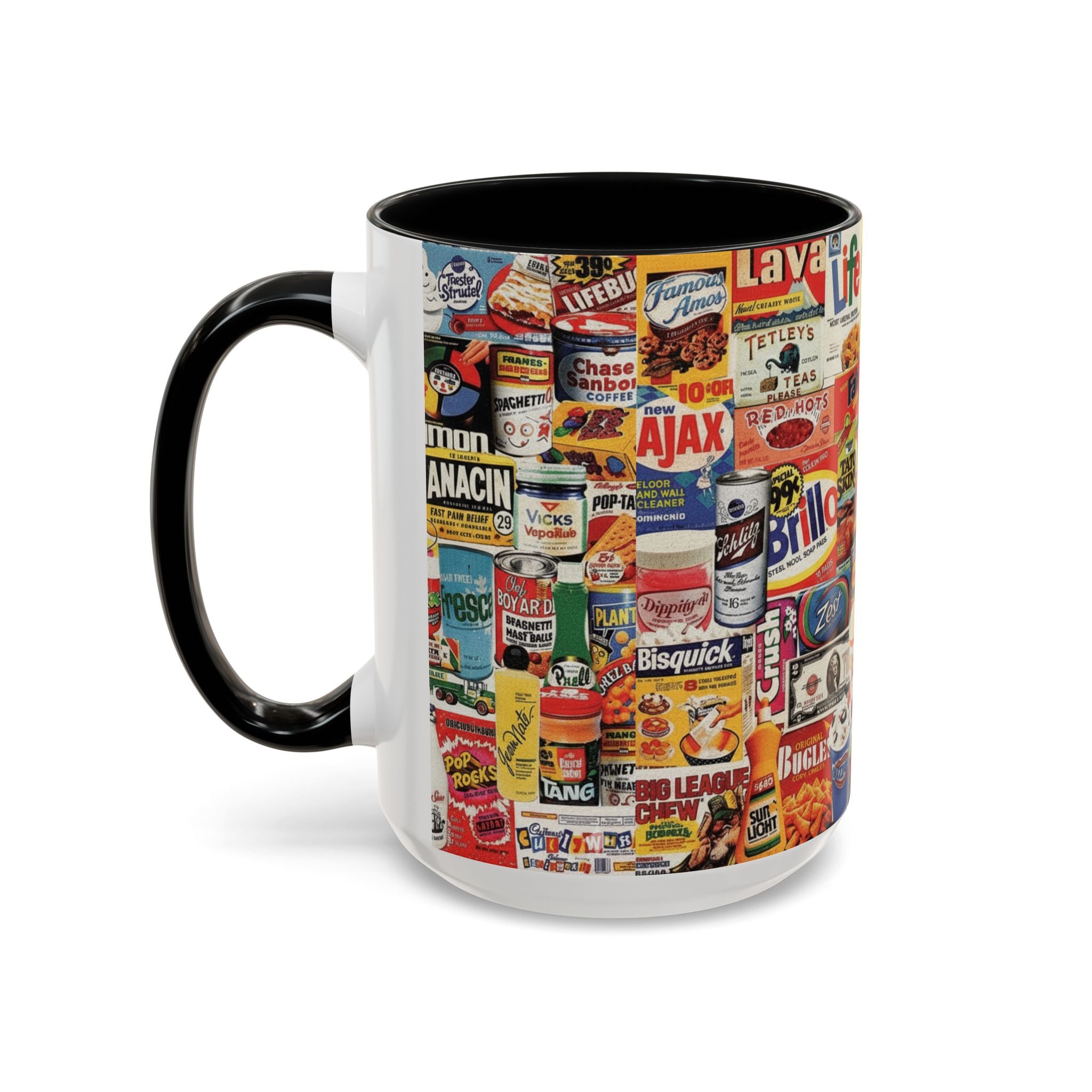 Vintage Retro Ads Coffee Mug — Collage of Classic Brand Labels (11/15oz Accent Mug) - Creations by Chris and Carlos