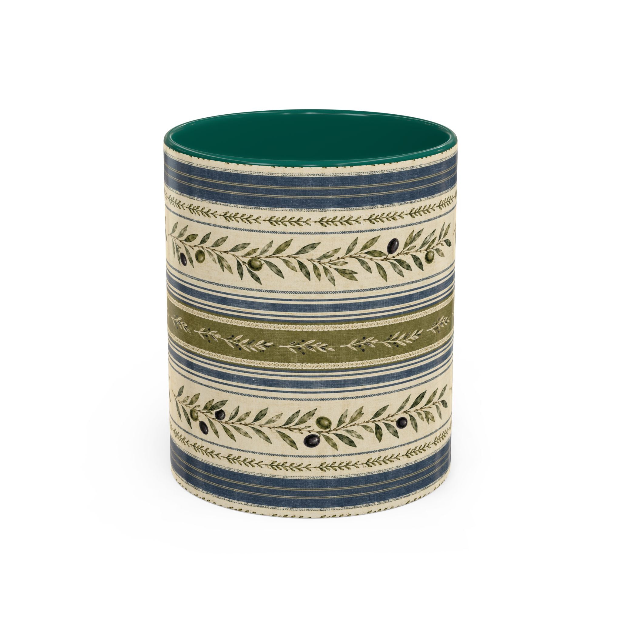 Botanical Stripe Ceramic Mug — Olive & Navy Patterned Coffee Cup (11oz/15oz) - Creations by Chris and Carlos