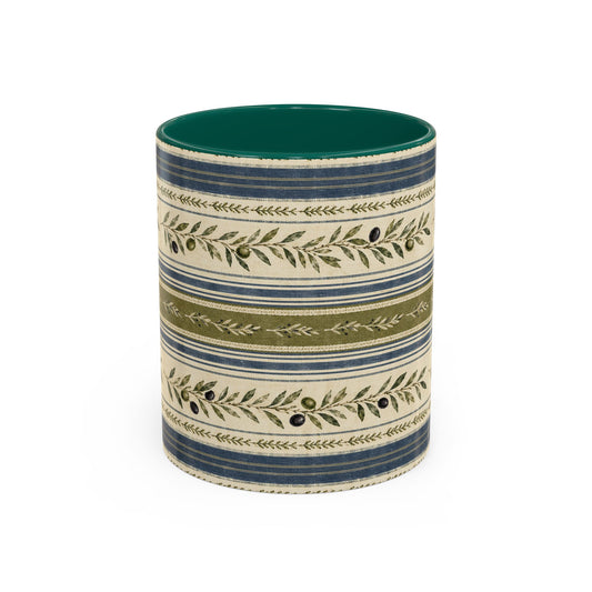 Botanical Stripe Ceramic Mug — Olive & Navy Patterned Coffee Cup (11oz/15oz) - Creations by Chris and Carlos