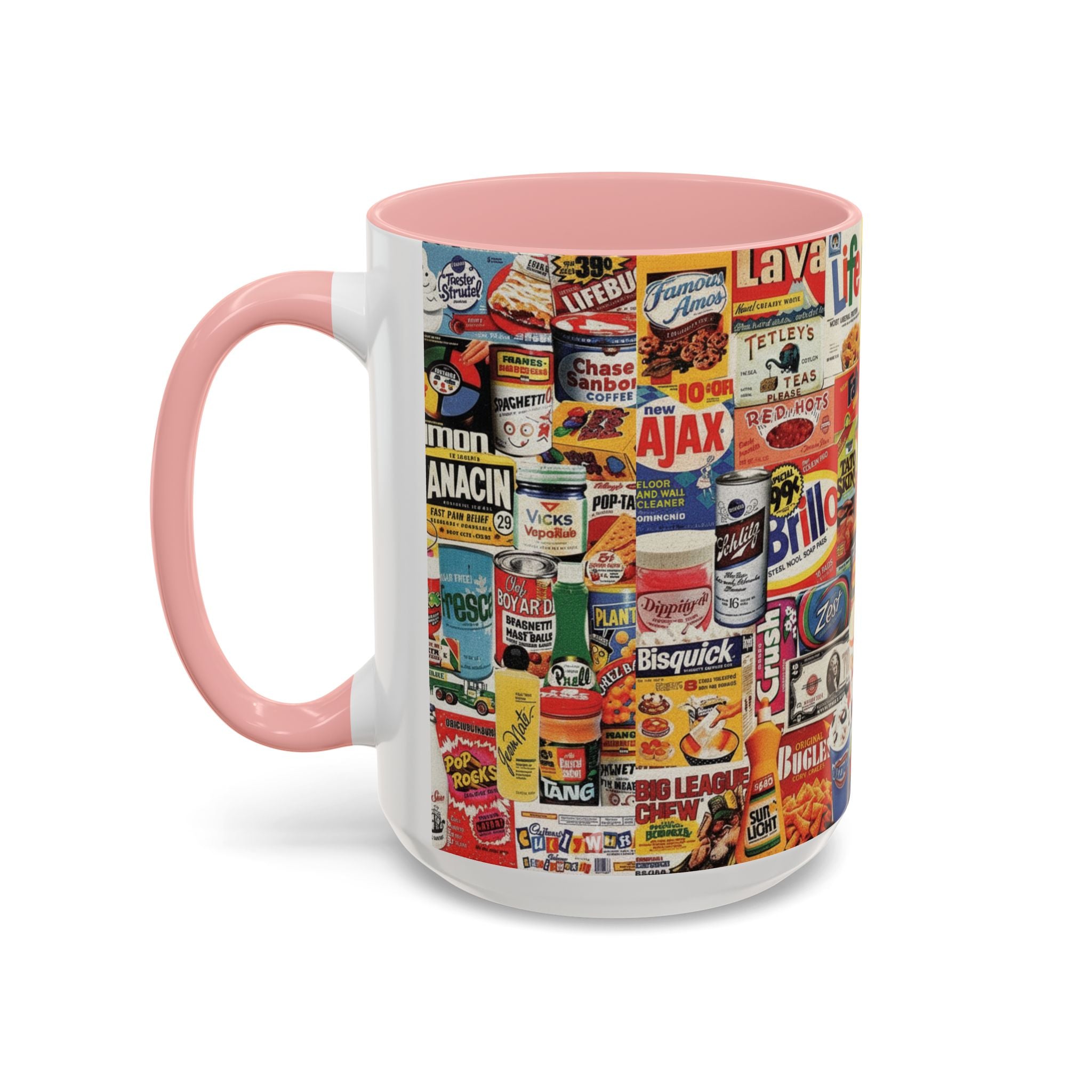 Vintage Retro Ads Coffee Mug — Collage of Classic Brand Labels (11/15oz Accent Mug) - Creations by Chris and Carlos