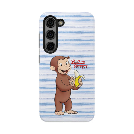 Curious George Banana Tough Phone Case — Cute Kids iPhone Cover, Blue Stripe Protective Case - Creations by Chris and Carlos