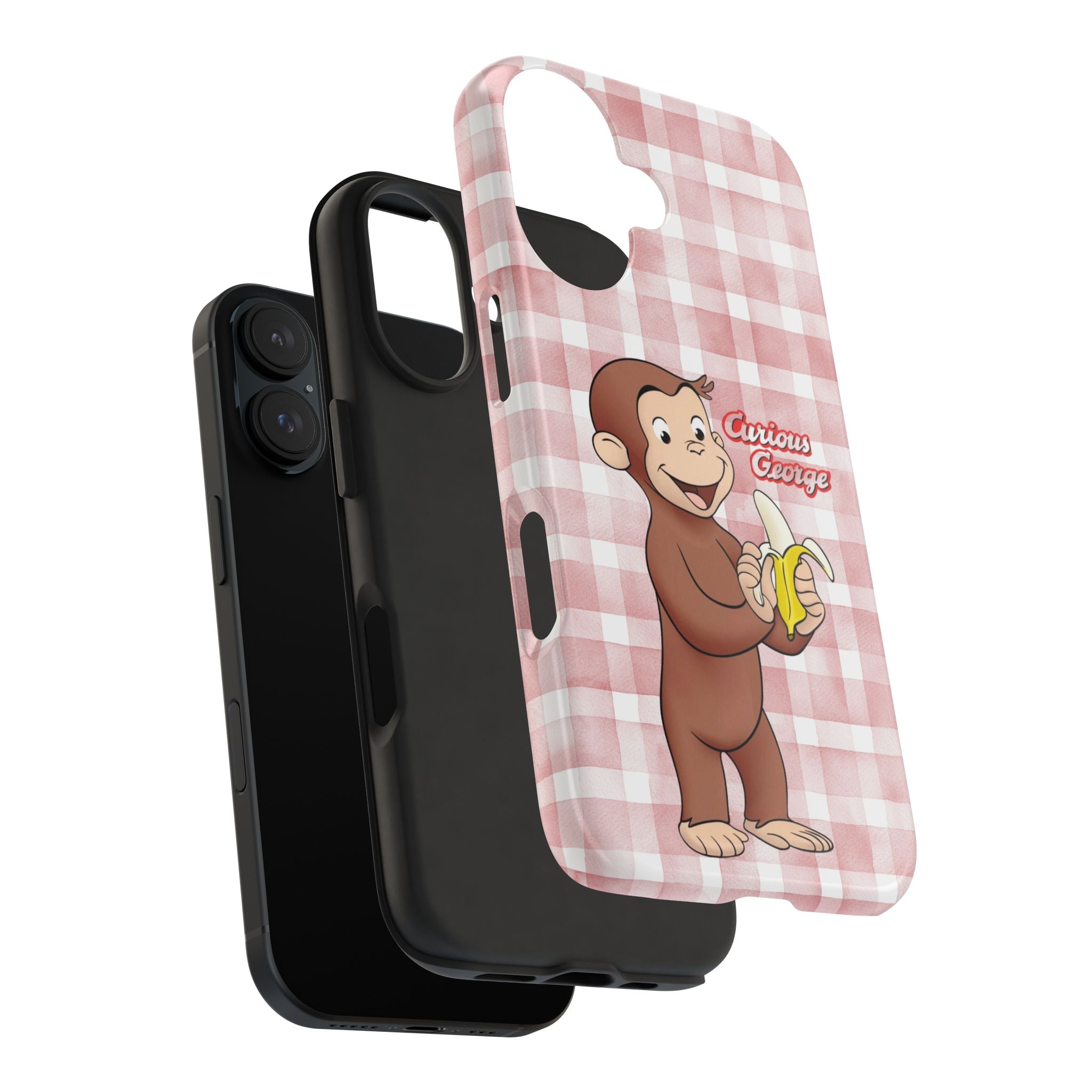 Curious George Banana Tough Phone Case — Cute Kids iPhone Cover, Pink Gingham Protective Case - Creations by Chris and Carlos