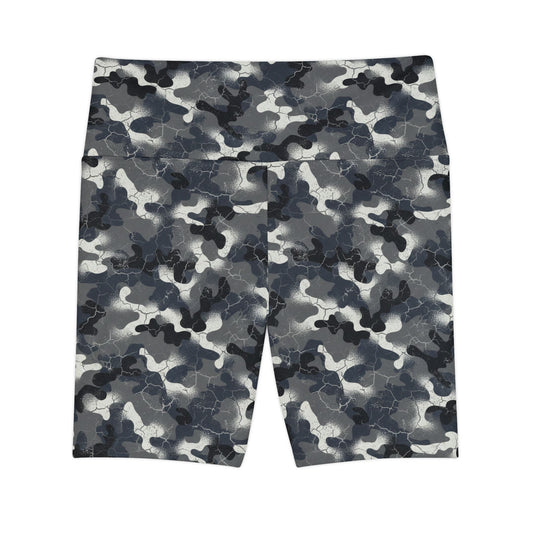 Women's Camo Workout Shorts — Grey Black All-Over Print Activewear - Creations by Chris and Carlos
