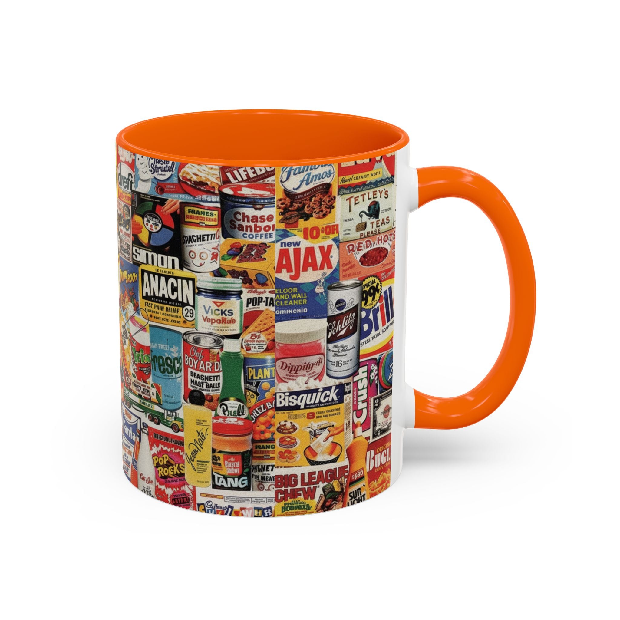 Vintage Retro Ads Coffee Mug — Collage of Classic Brand Labels (11/15oz Accent Mug) - Creations by Chris and Carlos