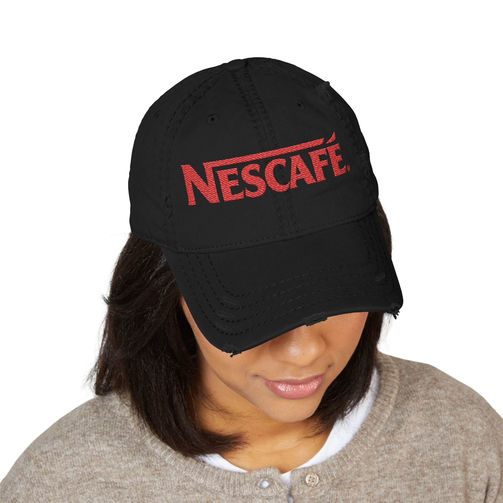 Nescafe Dad Hat — Distressed Embroidered Nescafé Logo - Creations by Chris and Carlos