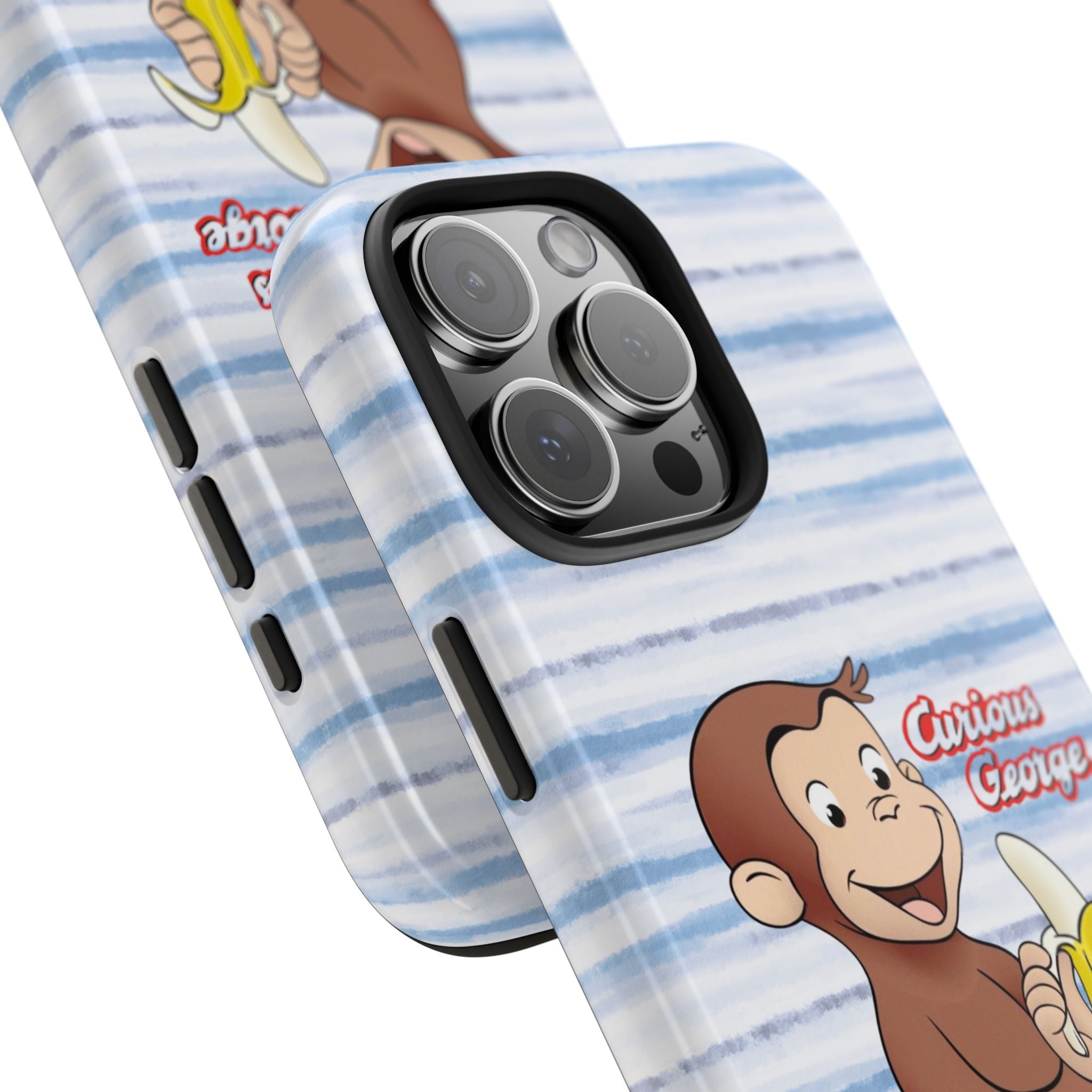Curious George Banana Tough Phone Case — Cute Kids iPhone Cover, Blue Stripe Protective Case - Creations by Chris and Carlos