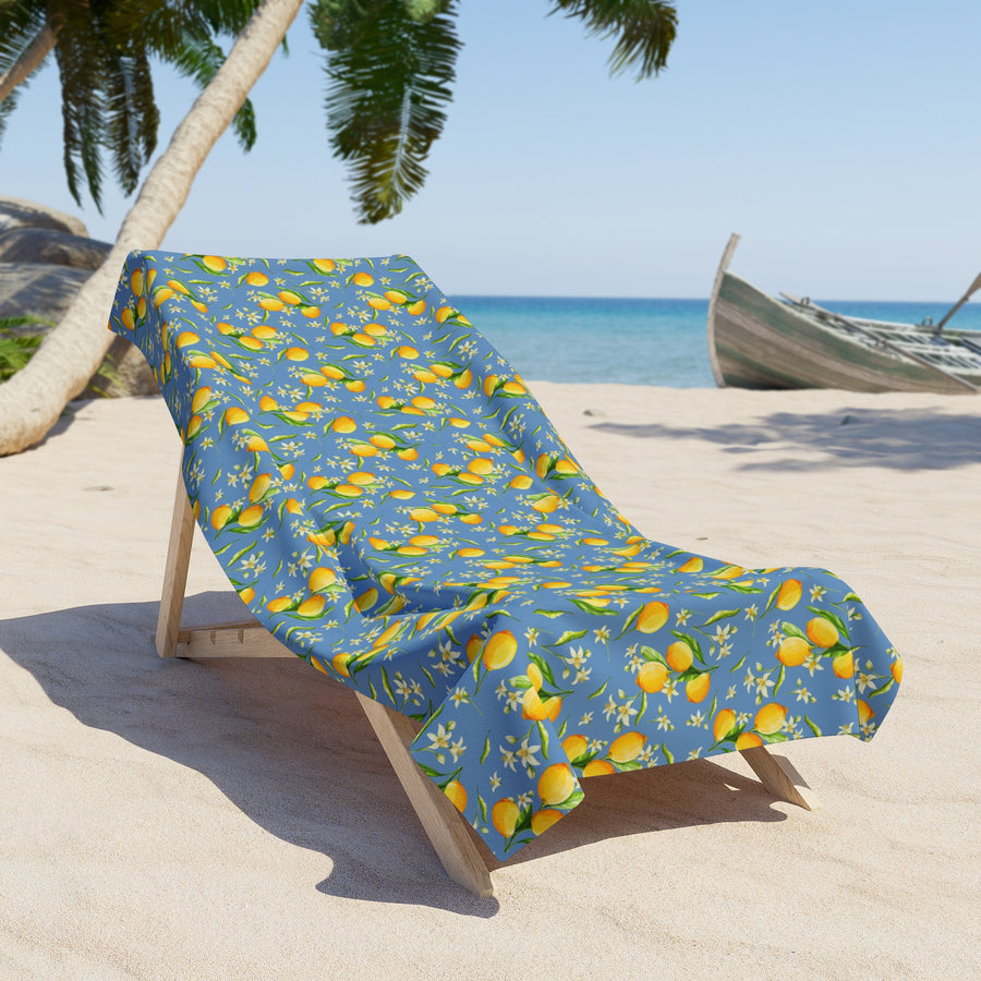 Lemon Breeze Beach Towel — Blue Citrus Pattern