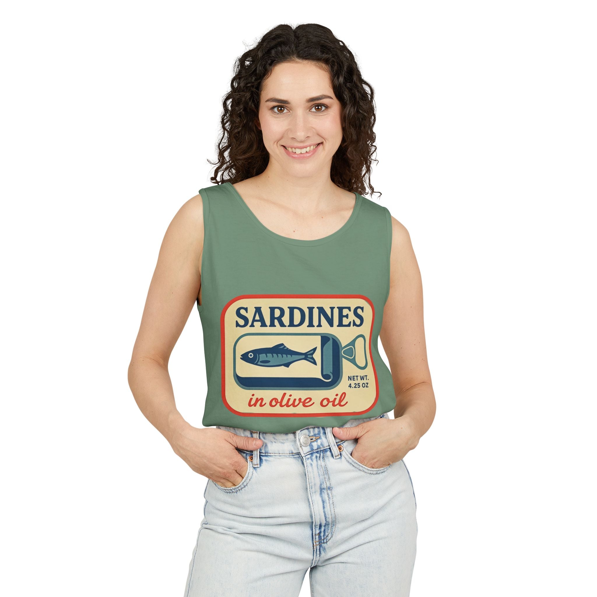 Sardines in Olive Oil Tank Top — Retro Seafood Can Graphic - Creations by Chris and Carlos