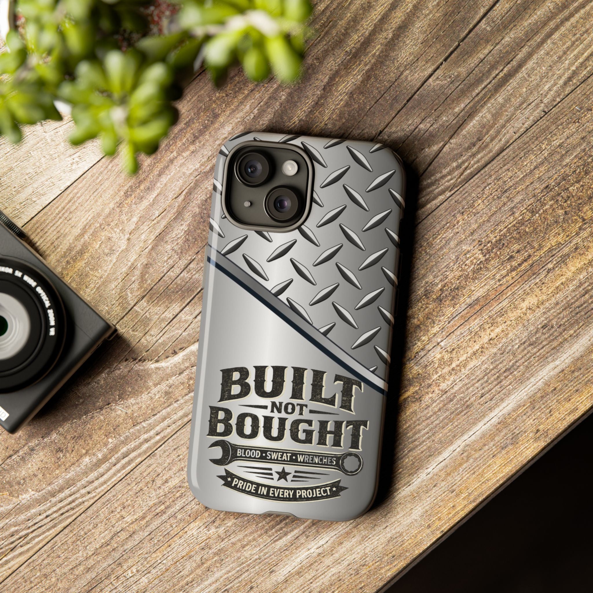 Built Not Bought Metal Diamond-Plate Phone Case — Rugged Tool Lover Gift - Creations by Chris and Carlos