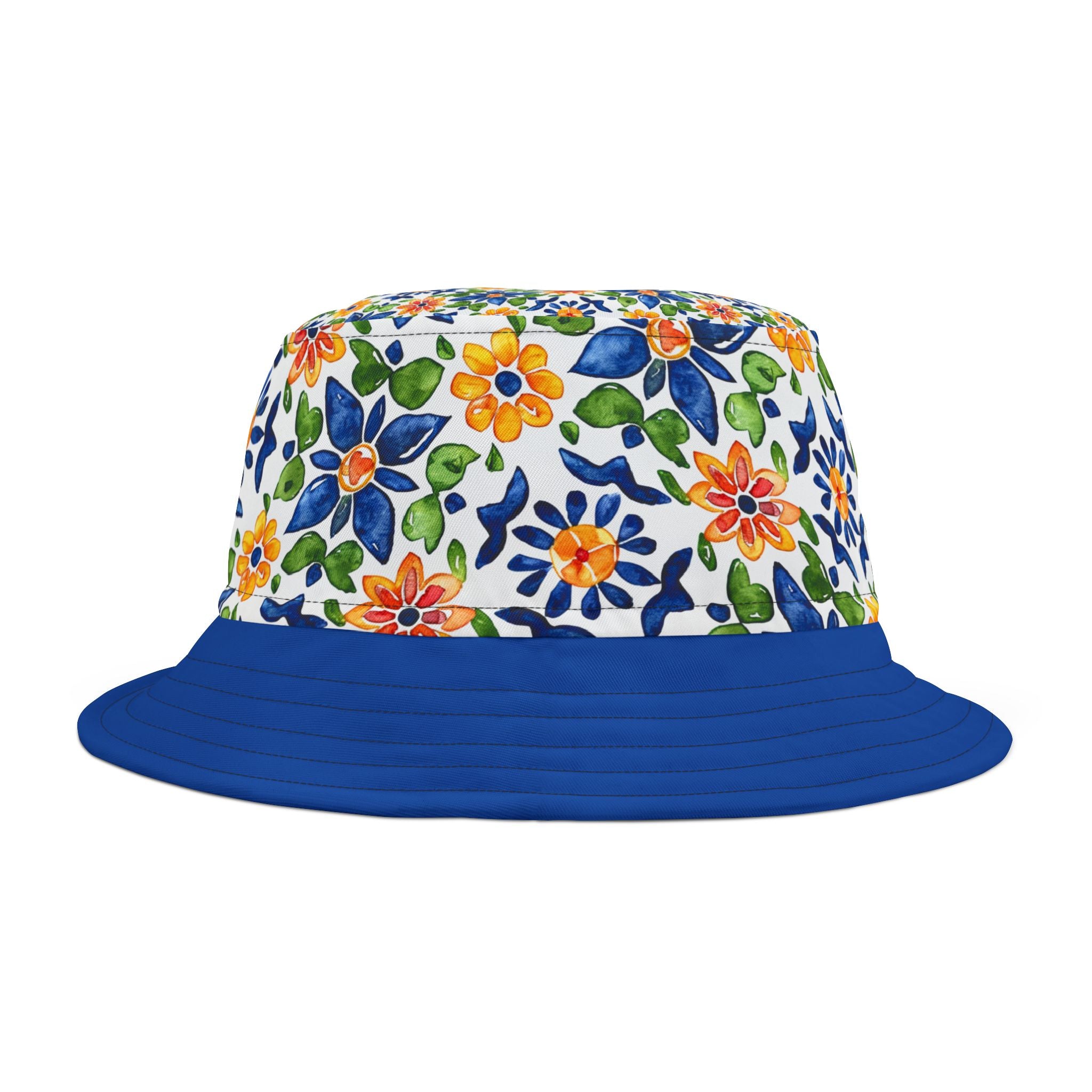 Sol y Alegría (Sun and Joy) Collection- Floral Tile Blue Bucket Hat — Mediterranean Mosaic Garden Print - Creations by Chris and Carlos