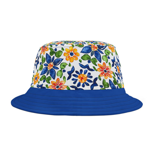 Sol y Alegría (Sun and Joy) Collection- Floral Tile Blue Bucket Hat — Mediterranean Mosaic Garden Print - Creations by Chris and Carlos