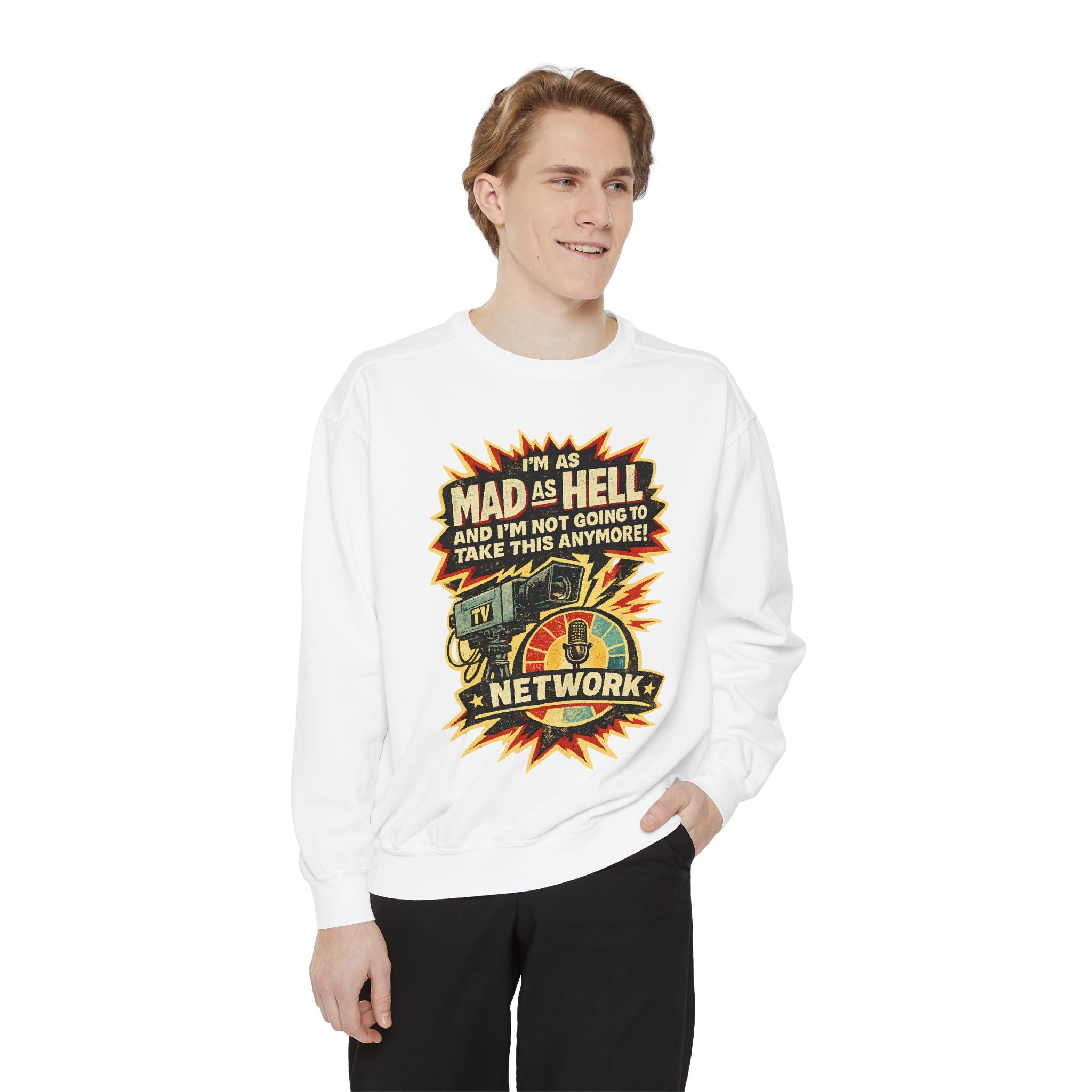 Mad As Hell TV Network Sweatshirt — Vintage Protest Graphic Crewneck - Creations by Chris and Carlos