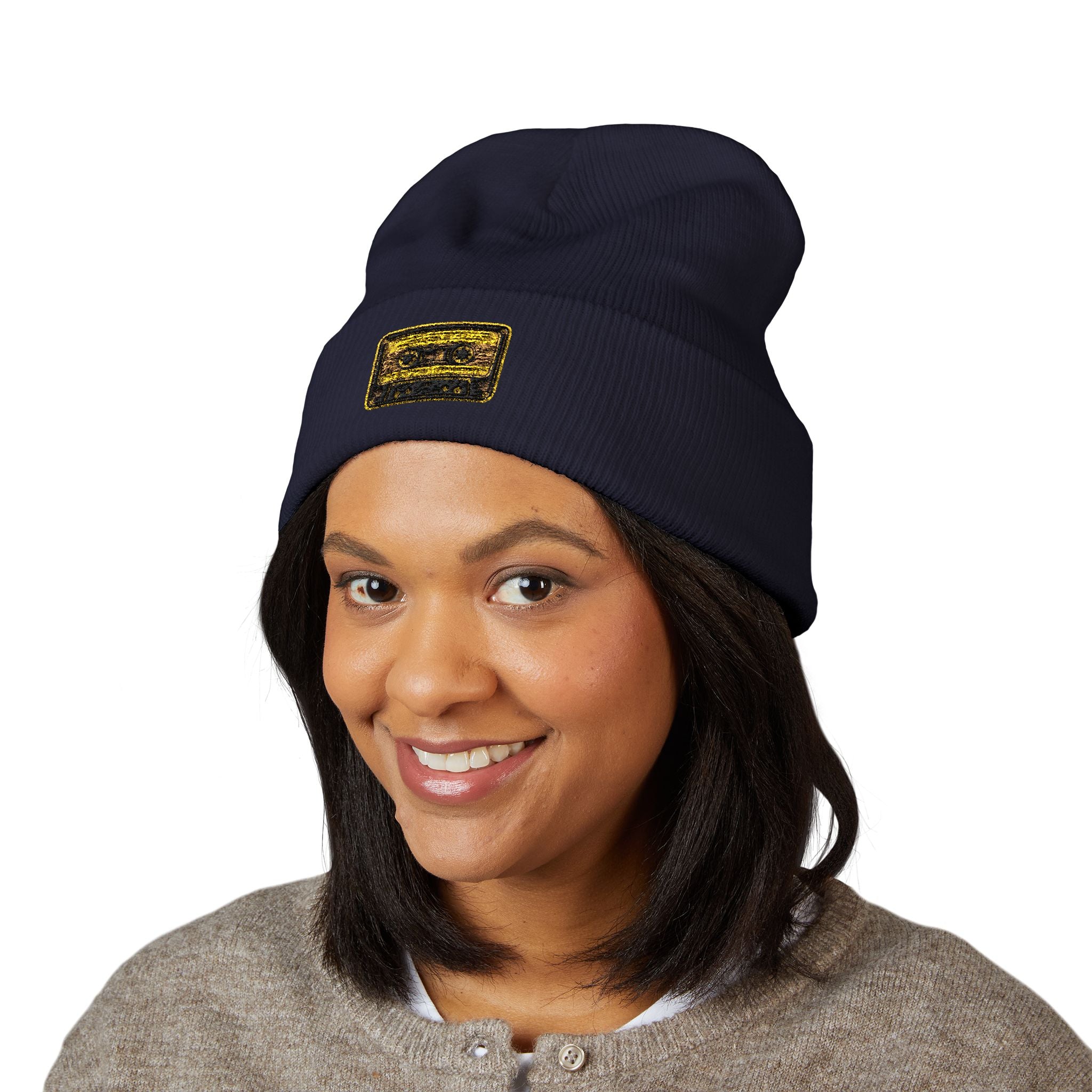 Embroidered Gold Cassette Beanie — Retro Music Cuffed Hat - Creations by Chris and Carlos