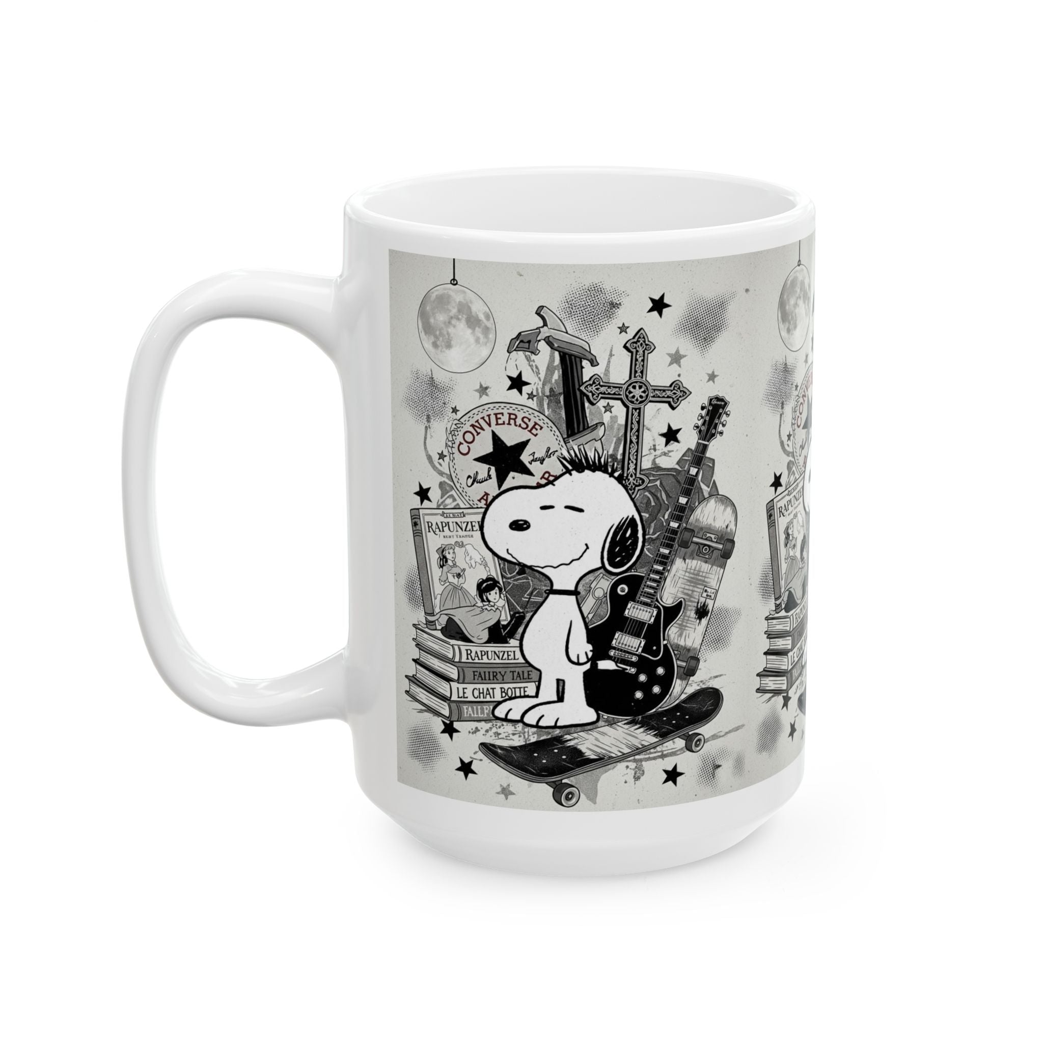 Snoopy Rocker Ceramic Mug – Vintage Skateboard & Guitar Coffee Cup (11oz/15oz) - Creations by Chris and Carlos