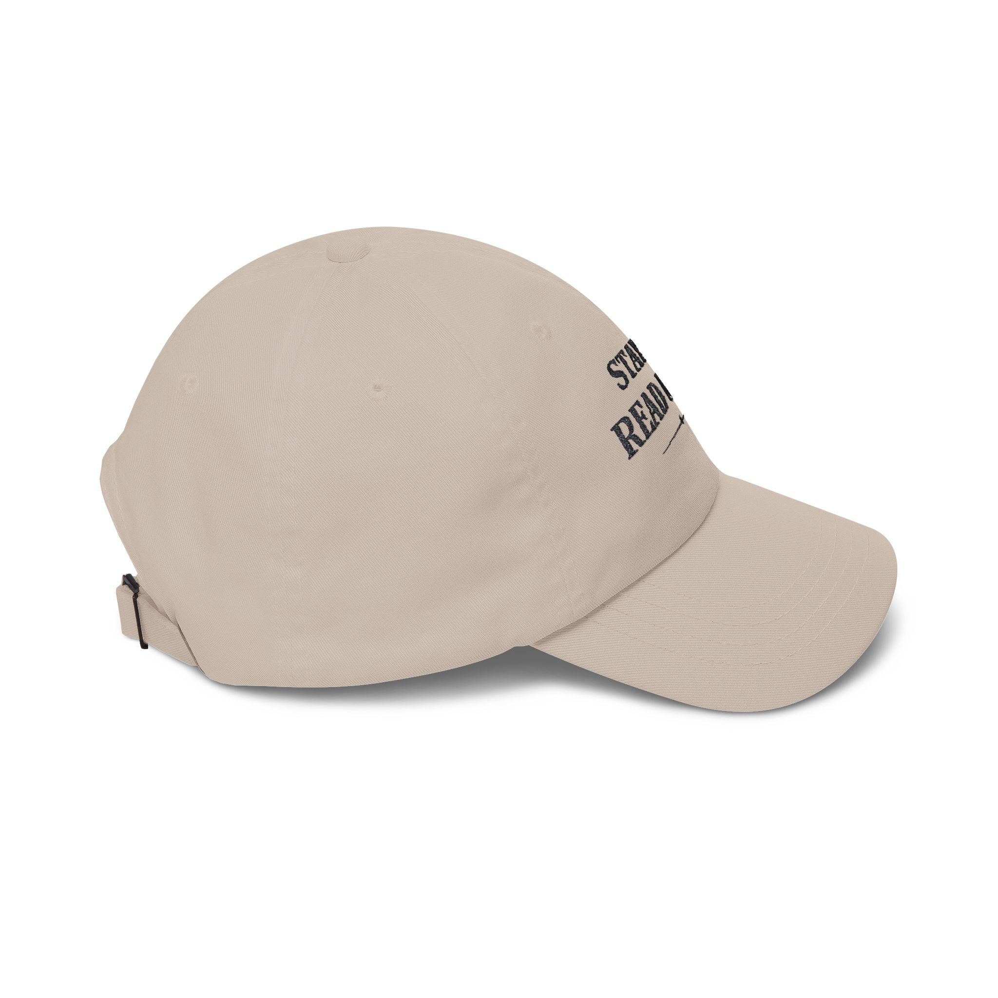 Dad Cap — "Stay In. Read More." Embroidered White Baseball Hat - Creations by Chris and Carlos