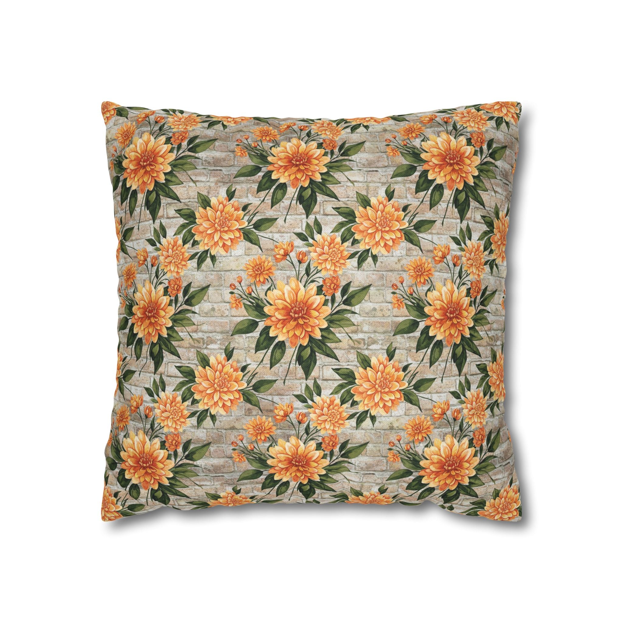 The Artisanal Flora Gallery Floral Sunburst Square Pillowcase — Orange Dahlia Botanical Throw Pillow Cover - Creations by Chris and Carlos