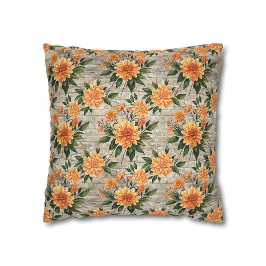 The Artisanal Flora Gallery Floral Sunburst Square Pillowcase — Orange Dahlia Botanical Throw Pillow Cover - Creations by Chris and Carlos