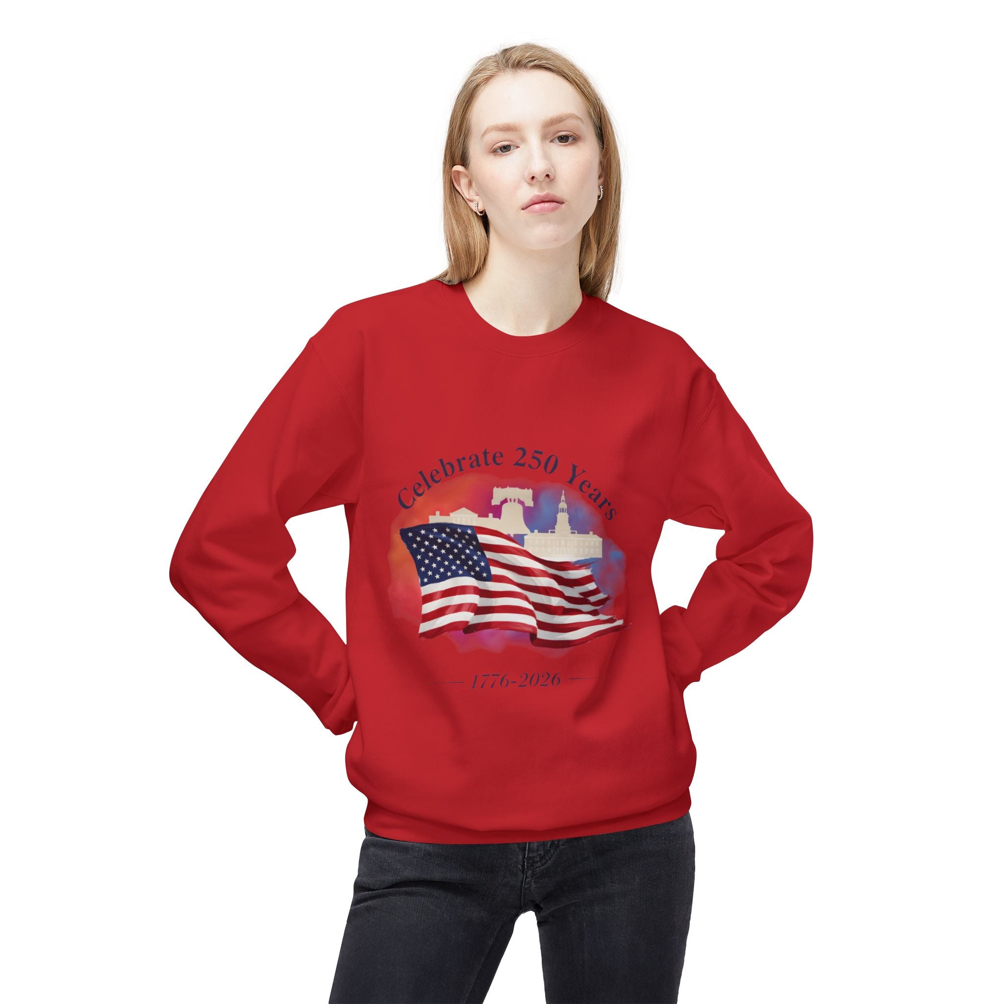 Crewneck Sweatshirt — "Celebrate 250 Years" American Flag 1776–2026 Patriotic Pullover - Creations by Chris and Carlos