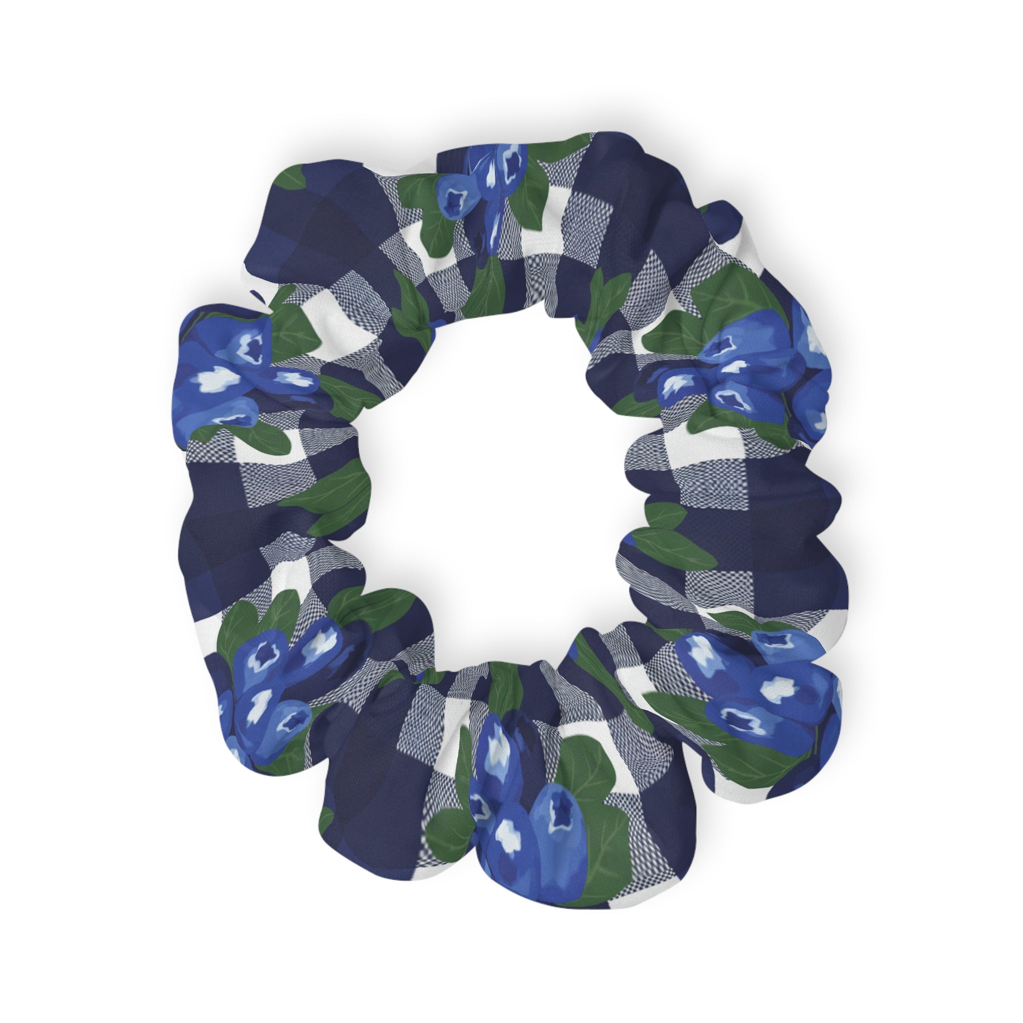 Blue Floral Gingham Scrunchie — Plaid Hair Tie with Indigo Blossoms - Creations by Chris and Carlos