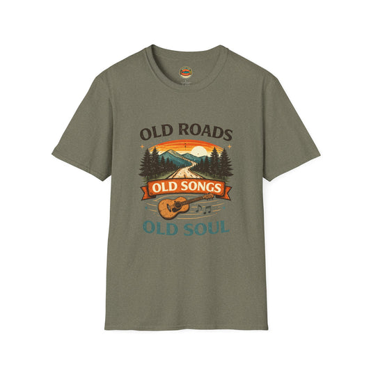 Old Roads Old Songs Old Soul T-Shirt — Vintage Mountain Guitar Retro Tee - Creations by Chris and Carlos