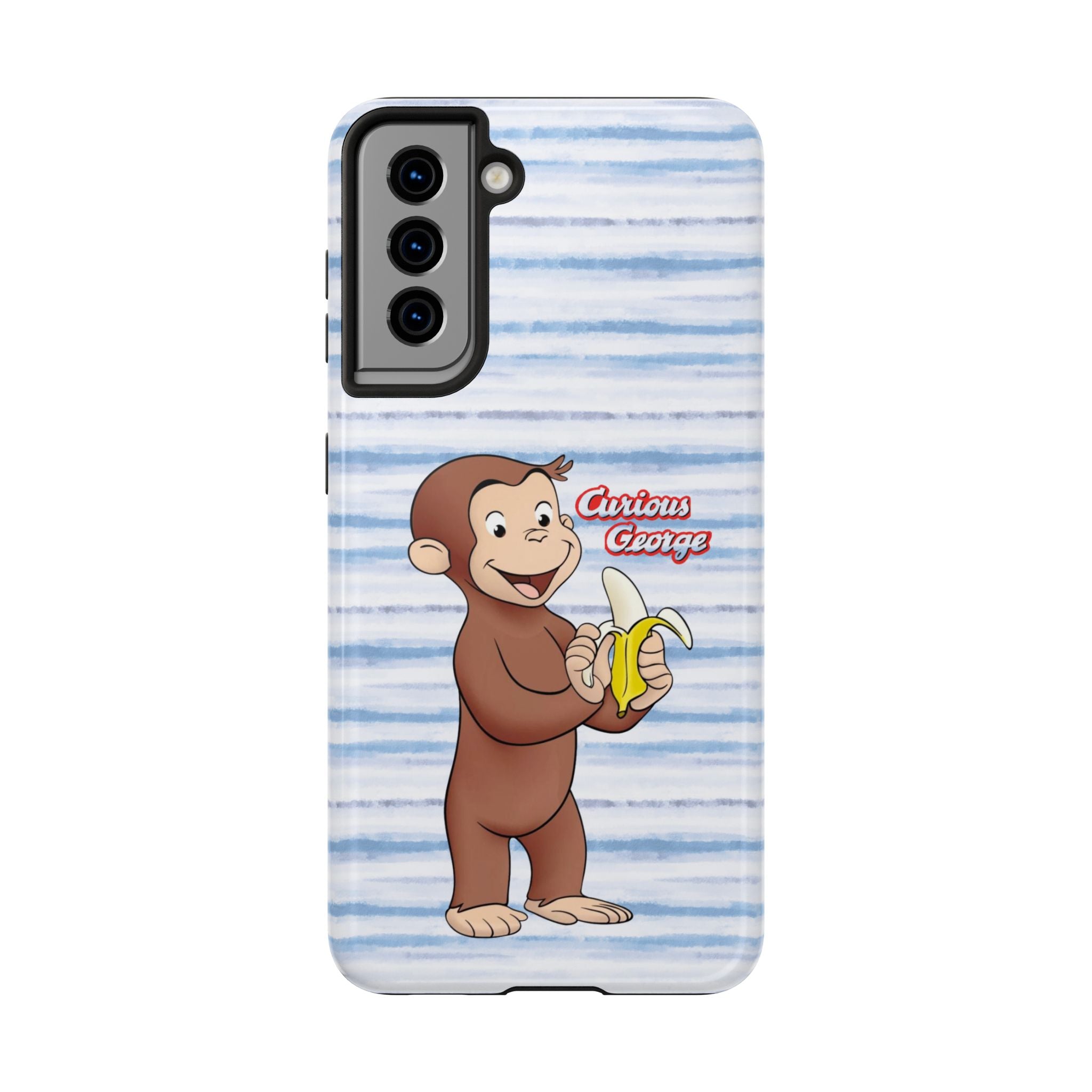 Curious George Banana Tough Phone Case — Cute Kids iPhone Cover, Blue Stripe Protective Case - Creations by Chris and Carlos