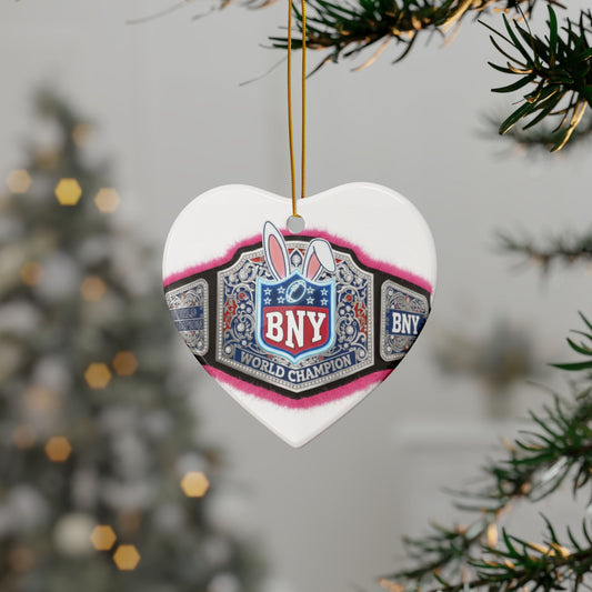 Champion Belt Bunny Heart Ceramic Ornament — BNY World Champion Double-Sided Holiday Decor - Creations by Chris and Carlos