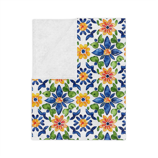 Sol y Alegría (Sun and Joy) Collection- Floral Mosaic Velveteen Blanket Blue & Yellow Microfiber Throw - Creations by Chris and Carlos