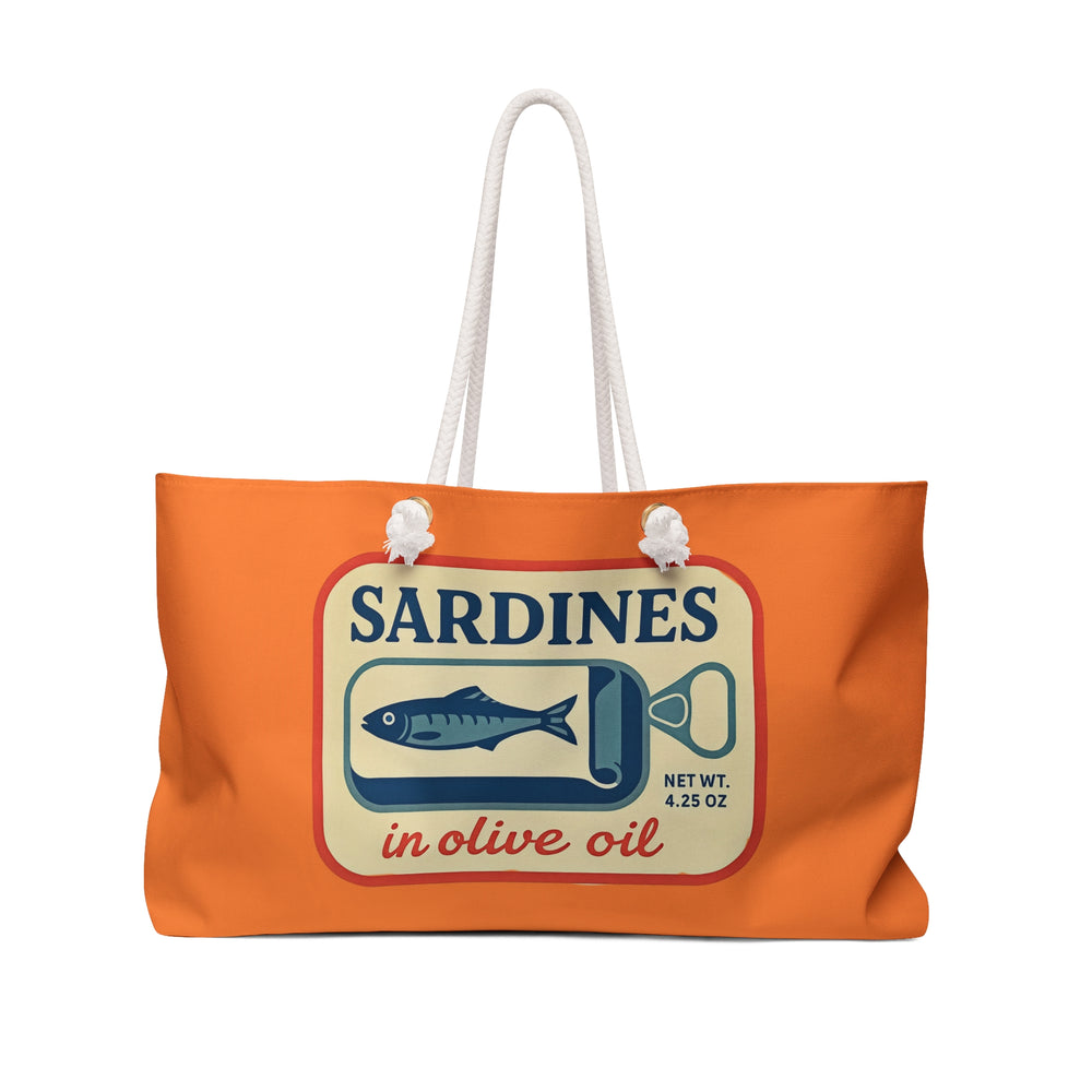 Salty Tin Company- Vintage Sardines Weekender Bag, Beach Tote, Travel Bag, Gift for Foodies, Retro Style