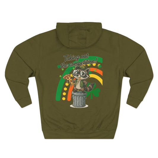 Taking Out the Competition Hoodie — St. Patrick's Raccoon Pizza Graphic - Creations by Chris and Carlos