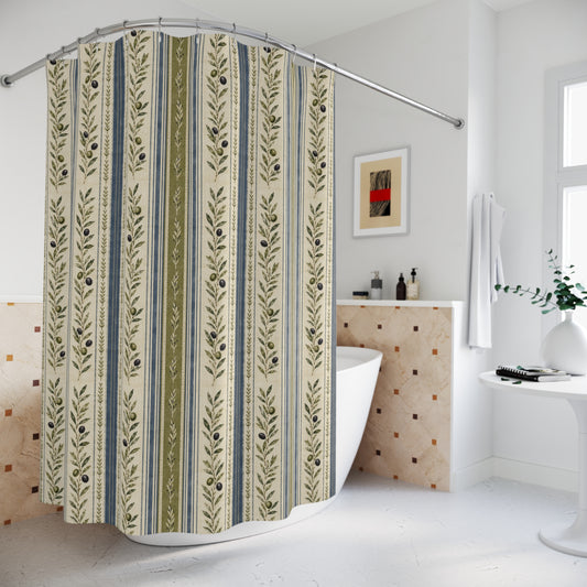 Shower Curtain - Olive Branch Stripe Vintage Farmhouse Bathroom Decor - Creations by Chris and Carlos
