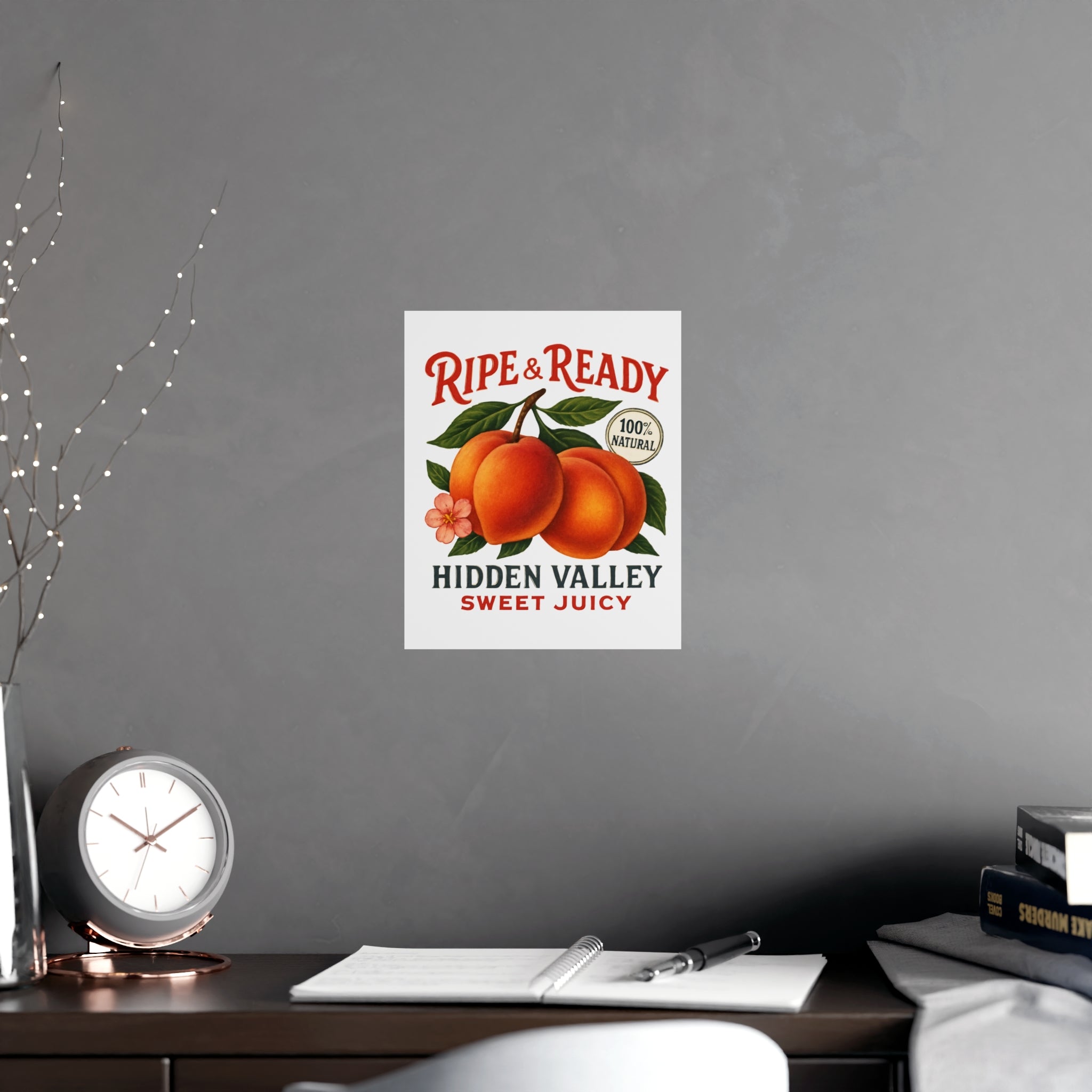 Ripe & Ready Peach Poster — Vintage Fruit Kitchen Wall Art (Hidden Valley, Sweet Juicy) - Creations by Chris and Carlos