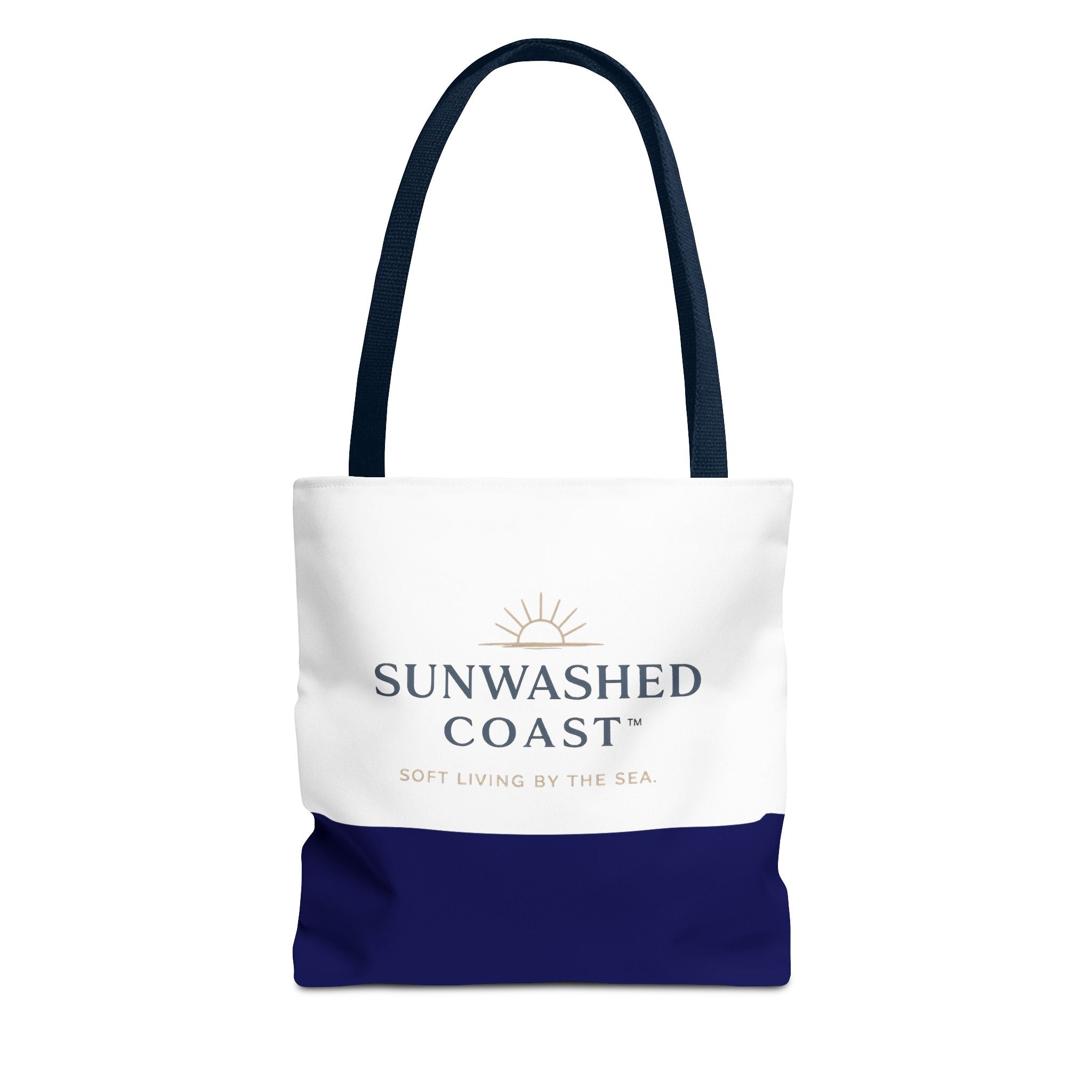 Sunwashed Coast Tote Bag — Coastal Canvas Beach Tote with 'Soft Living by the Sea' Logo - Creations by Chris and Carlos