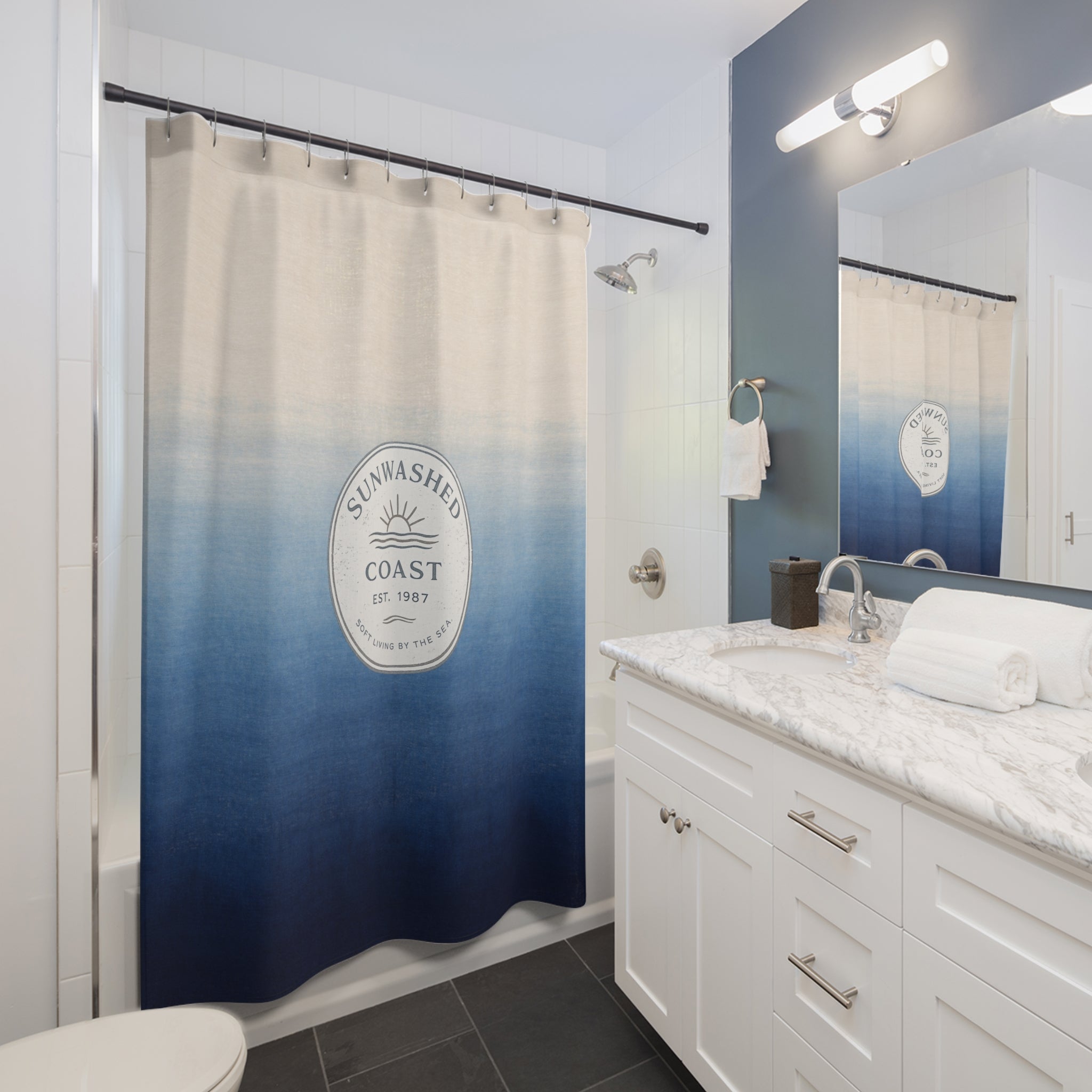 Coastal Sunwashed Shower Curtain — Ombre Blue Beach Vibe, 'Sunwashed Coast' Seal - Creations by Chris and Carlos