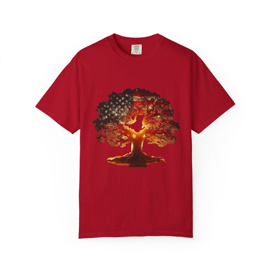 Patriotic Tree of Life T-Shirt — American Flag Sunset Graphic - Creations by Chris and Carlos